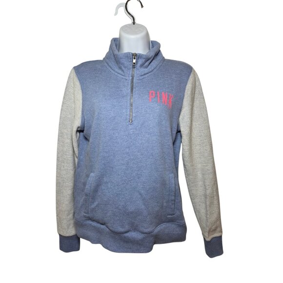 PINK Victoria's Secret Blue Gray 1/4-zip Pullover Sweatshirt Kangaroo Pocket S - Picture 2 of 8